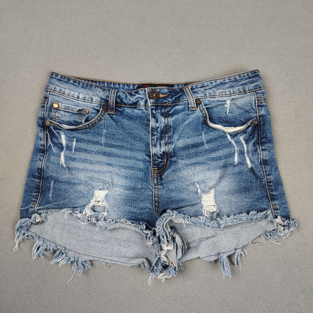 ENJEAN Denim Shorts Women Large 30 Blue Distressed Stretch Cutoff Festival Jorts